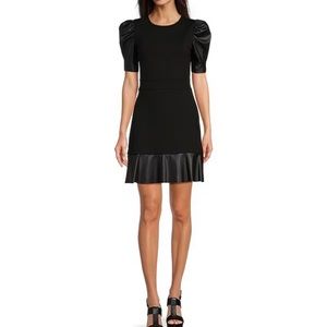Michael Kors Faux Leather Puffed Sleeve Ruffle Hem Dress